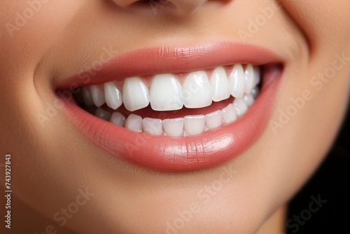 Close up of a beautiful smile with bright  white teeth and healthy gums in the mouth on photo stock