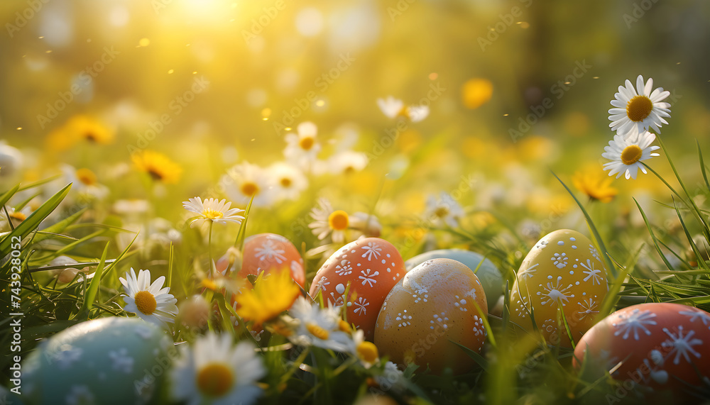 Happy Easter! Colorful Easter eggs on a green blooming meadow at sunset background. Happy Easter! Colorful Easter eggs on a green blooming meadow at sunset background.