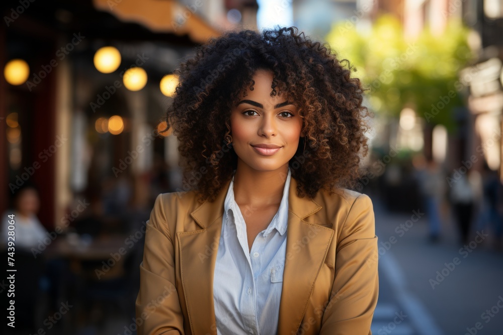 Fototapeta premium Stylish young african american woman with beautiful curly hair posing on city street