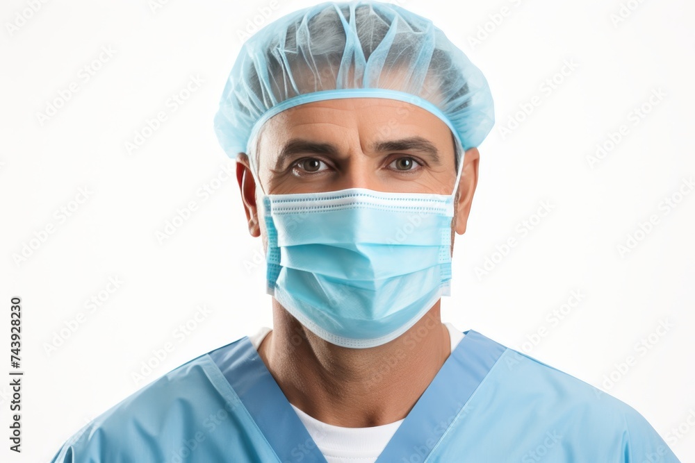 Senior european male surgeon in uniform, cap and mask on white background for medical stock photos