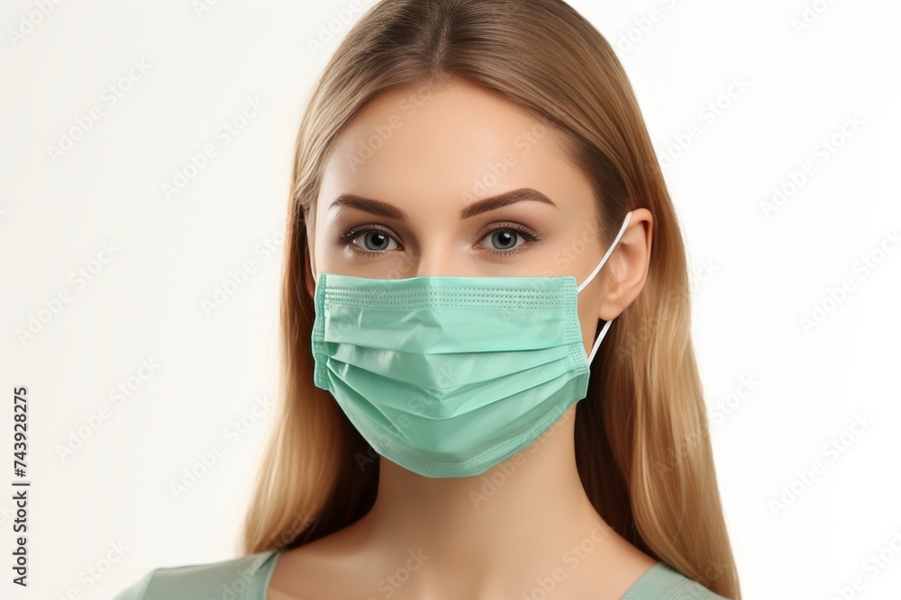 Portrait of young european girl wearing protective face mask on white background Portrait of young european girl wearing protective face mask on white background