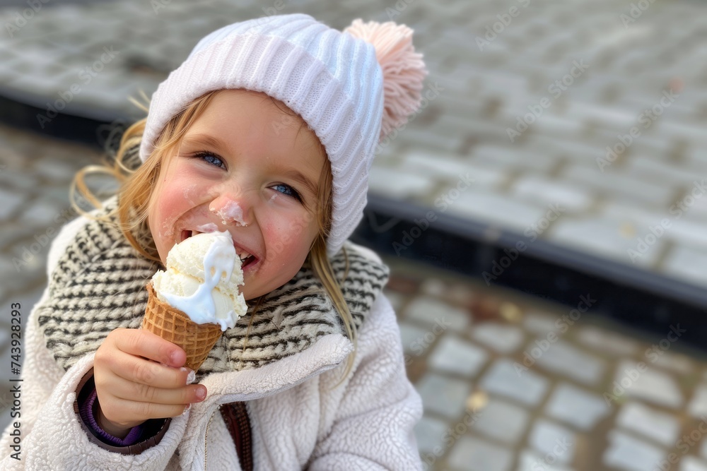 Happy little girl with beautiful blond hair eats ice cream on a city street. Happy little girl with beautiful blond hair eats ice cream on a city street.