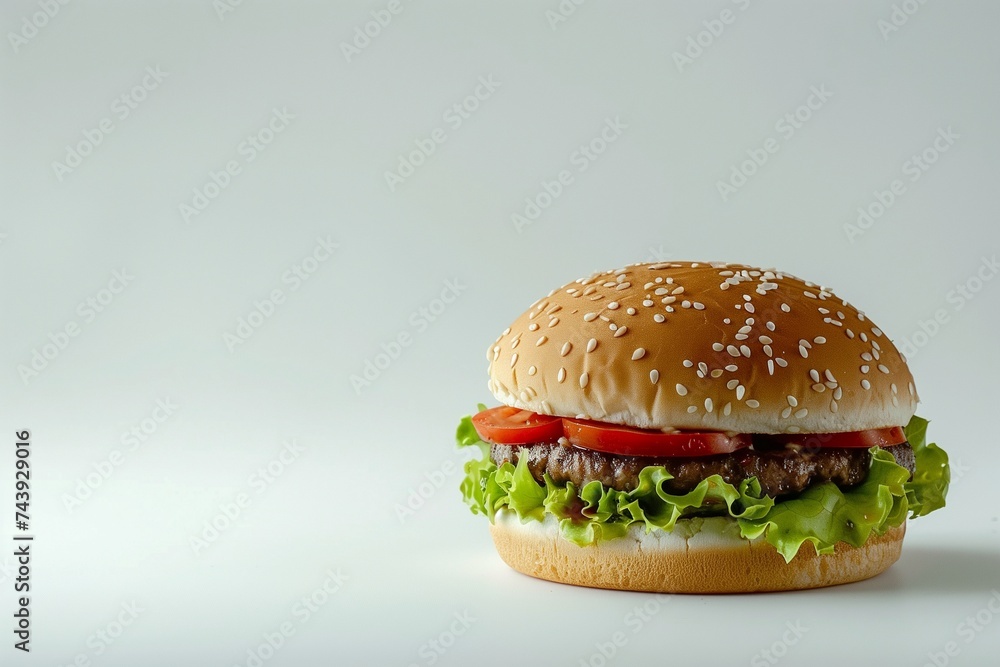 Classic Beef Burger with Fresh Lettuce and Tomato on a Sesame Seed Bun Classic Beef Burger with Fresh Lettuce and Tomato on a Sesame Seed Bun