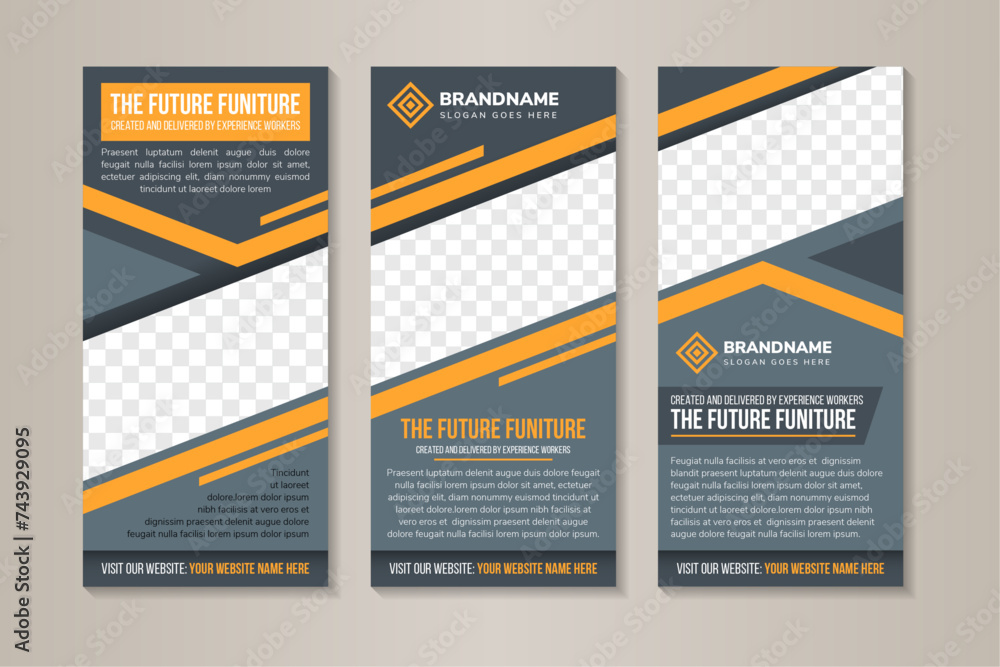 collection of three vertical Banner with headline of the future Furniture Sale Design Template Vector Illustration. diagonal space for photo collage. combination grey and orange colors.