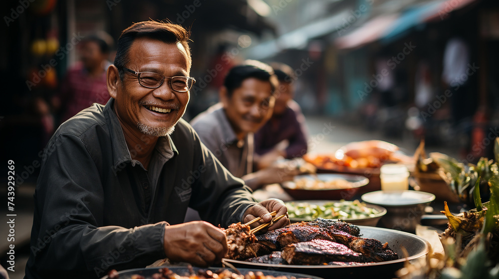 People with a food in asian outdoor market. - obrazy, fototapety, plakaty 