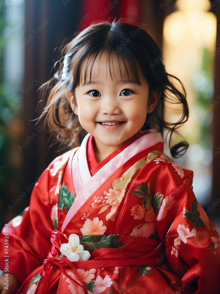 Adorable smiling happy japanese baby girl dressed as a princess in red dress from Generative AI Adorable smiling happy japanese baby girl dressed as a princess in red dress from Generative AI