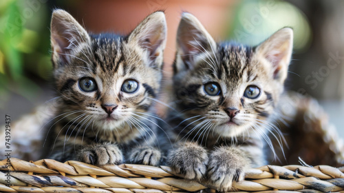 Adorable Kittens Sitting in Wicker Basket. Two cute tabby kittens with striking blue eyes peeking out from a wicker basket.