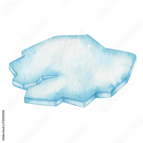 Watercolor illustration. Hand painted blue and white floating ice. Ice floe. Frozen snow, water in sea, ocean. Cold winter. Glacier and iceberg in North Pole, Arctic, Antarctic. Isolated clip art