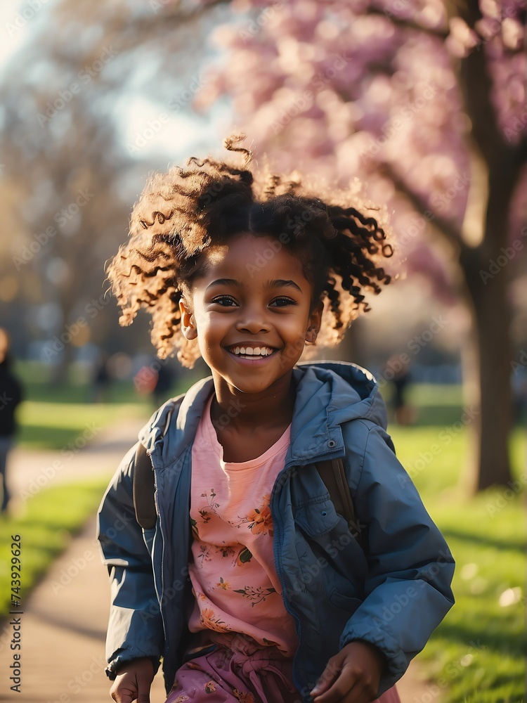 Kid black african girl at the park in spring running and smiling at camera from Generative AI Kid black african girl at the park in spring running and smiling at camera from Generative AI