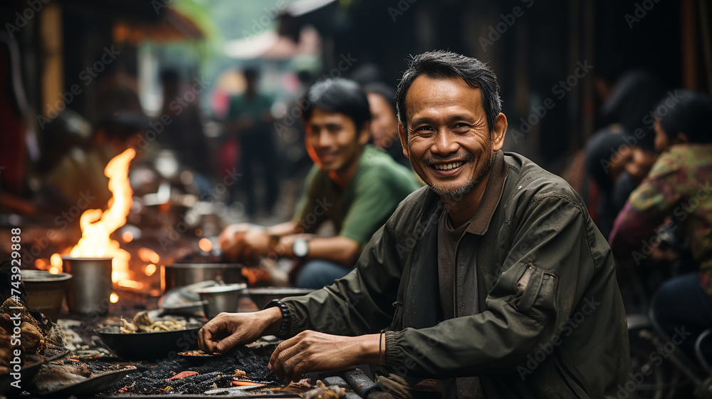 People with a food in asian outdoor market. - obrazy, fototapety, plakaty 