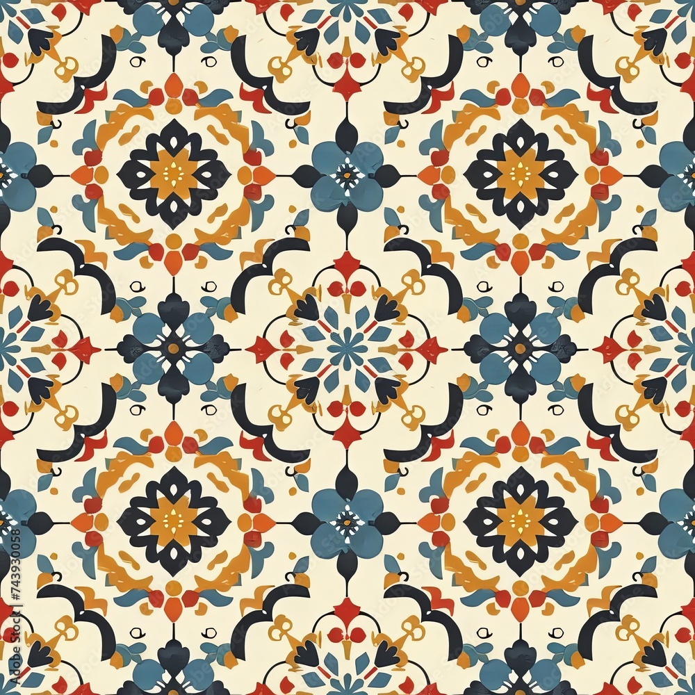 Tile Seamless Pattern, Colorful seamless repeat pattern with abstract geometric style, Old stylish abstract background, flower, Traditional ornate portuguese decorative tiles azulejos.