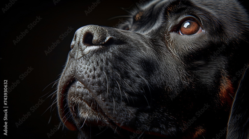 Dramatic portrait of a black dog looking up, with fine details highlighting its fur and eyes - obrazy, fototapety, plakaty 
