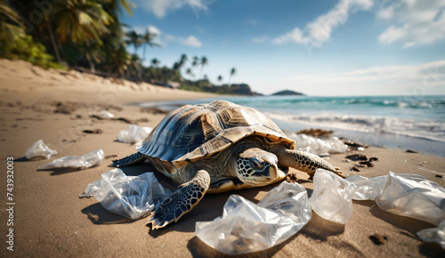 Close-up of sea turtle moving among plastic bags on sandy tropical beach. Concept of environmental pollution hazards and protection of marine animals. Ai generation