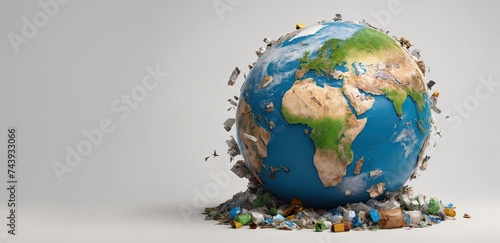 Web banner with the polluted planet earth. Grey background with copy space. Concept of Earth Day, zero waste and environmental protection. Ai generation