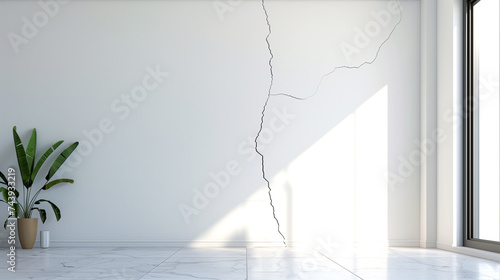 White wall in a new house with a long crack or tear, structural damage