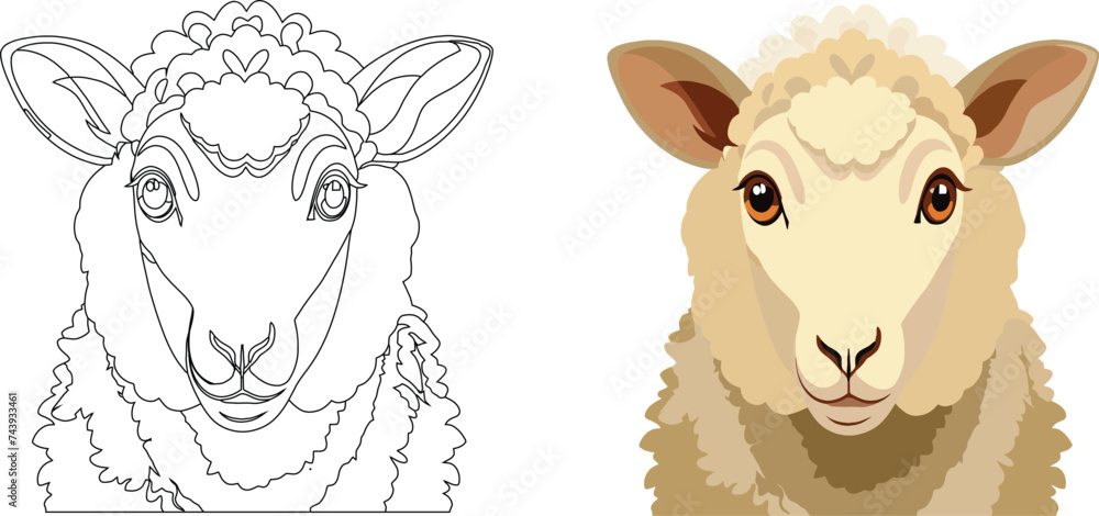 Cute sheep illustration and coloring page Cute sheep illustration and coloring page