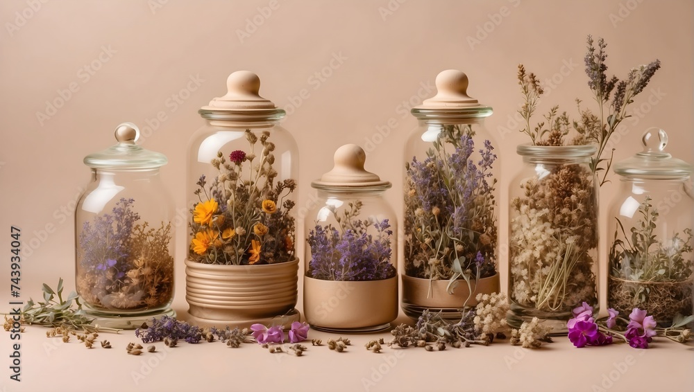 Herbal apothecary aesthetic. Jars with dry herbs and flowers on a beige background Herbal apothecary aesthetic. Jars with dry herbs and flowers on a beige background