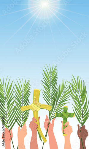 Celebration of Palm Sunday. Hands of people of different nationalities are raised with palm branches against the blue sky. The concept of the unity of the Christian faith. Vector postcard. Cartoon.