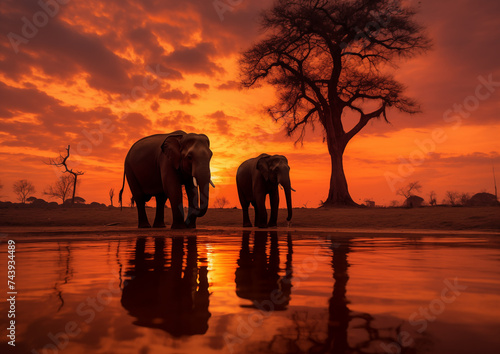 A pair of African elephants walks along the lake In the savannah, at sunset. World Elephant Day. Front view.