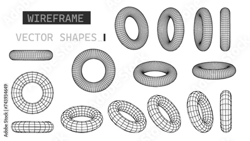 Perspective Mesh Torus Grid. PNG  Retro futuristic wireframe torus design element. Low poly geometric elements y2k stile.