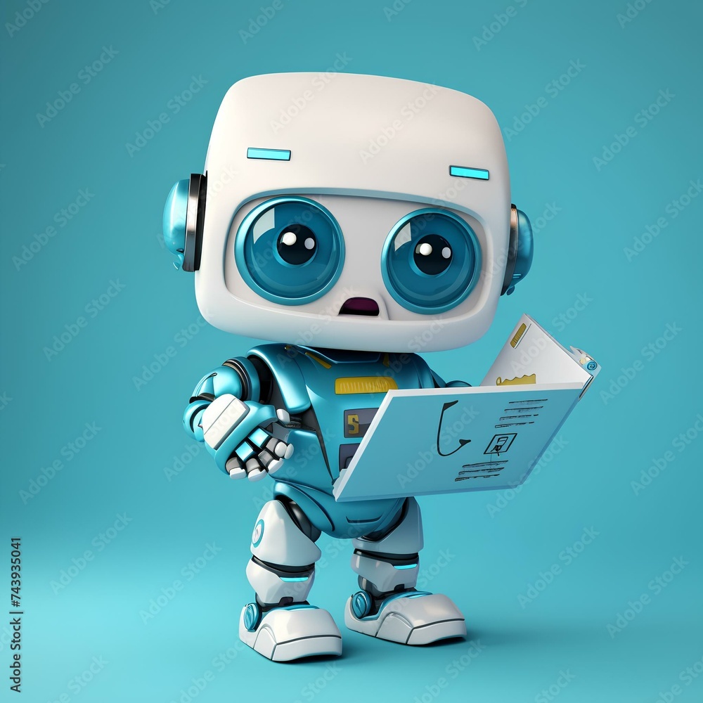 Cute blue robot holding a letter, concept of sending mail Cute blue robot holding a letter, concept of sending mail