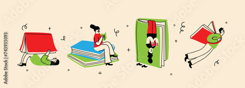 Book concepts set. Happy readers reading books and flying, laying , sitting everywhere. Flat trendy retro vector illustrations isolated on white background