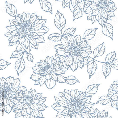 Blue vintage floral pattern, elegant dahlia flower backgorund seamless repeating tile, white wallpaper design