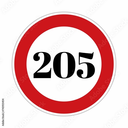 205 kmph or mph speed limit sign icon. Road side speed indicator safety element. Two hundred five speed sign flat isolated on white background  photo