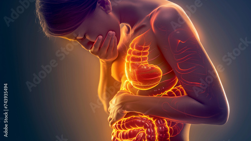 A woman has inflammation of her internal organs. Nausea attack. concept illustration. © evastar