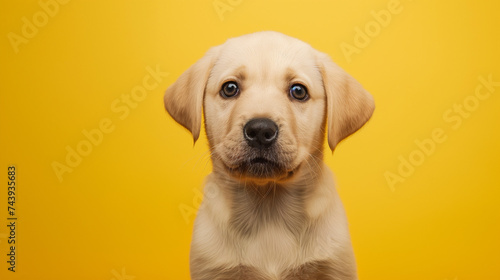 A cute and playful pet puppy is having fun and looking joyful on yellow background.