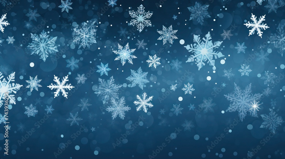 Beautiful snowflakes and bokeh on blue atmospheric winter background.