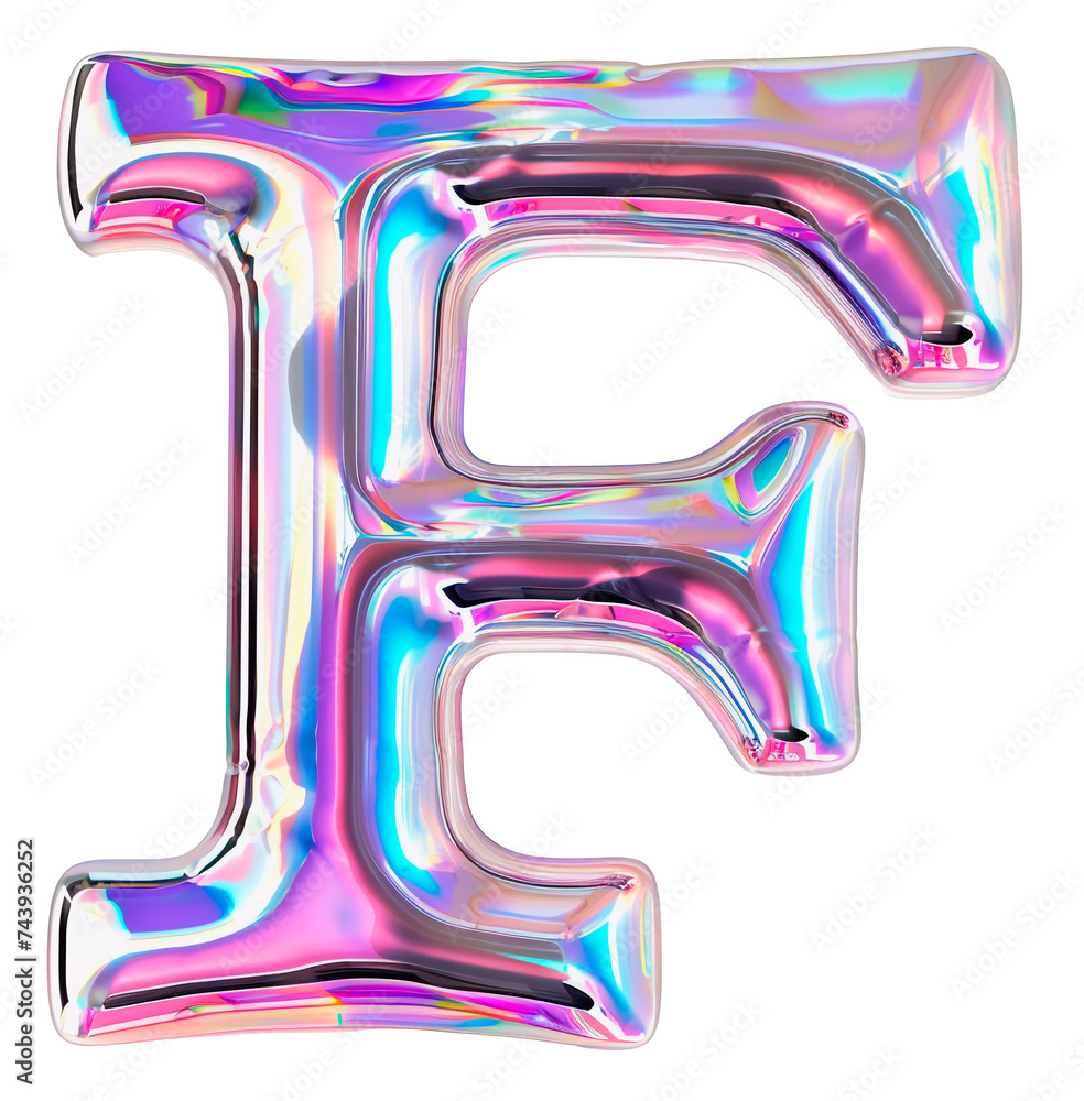 Holographic letter F with reflective surface. Metallic bubble form with shine Y2K design. Holographic letter F with reflective surface. Metallic bubble form with shine Y2K design.