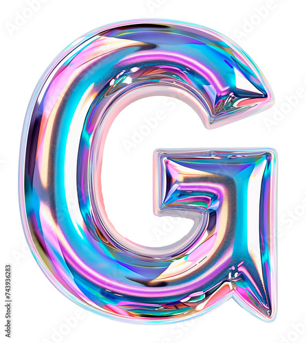Holographic letter G with reflective surface. Metallic bubble form with shine Y2K design.