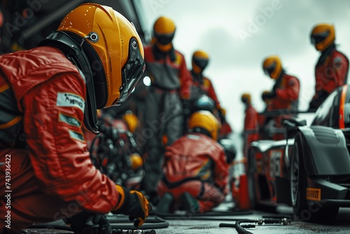 Experience the epitome of teamwork as a professional pit crew springs into action as their team's race car arrives in the pit lane during a crucial pitstop in a car race photo