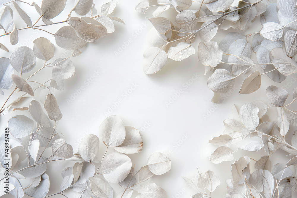 Overhead flat lay view of white eucalyptus leaves in a frame around a blank space for text Overhead flat lay view of white eucalyptus leaves in a frame around a blank space for text