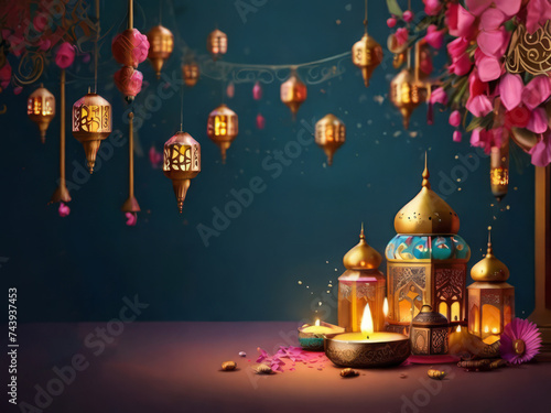 Ramadan Kareem Greeting Card. Arabic Calligraphy with Lanterns