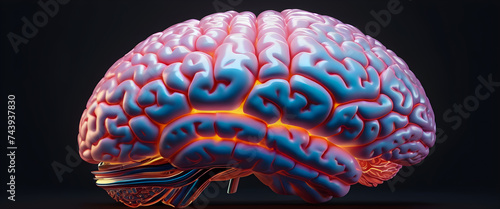 A human brain model isolated on a blank black background. Illustration of brain. photo