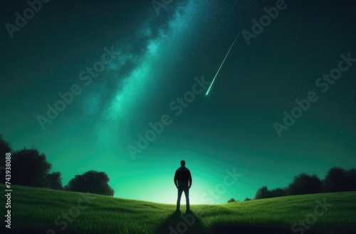 Stars fall from the sky,Starry shower at night. Landscape with falling meteorites. Bright meteorite trails. Silhouette of man looking at shooting stars