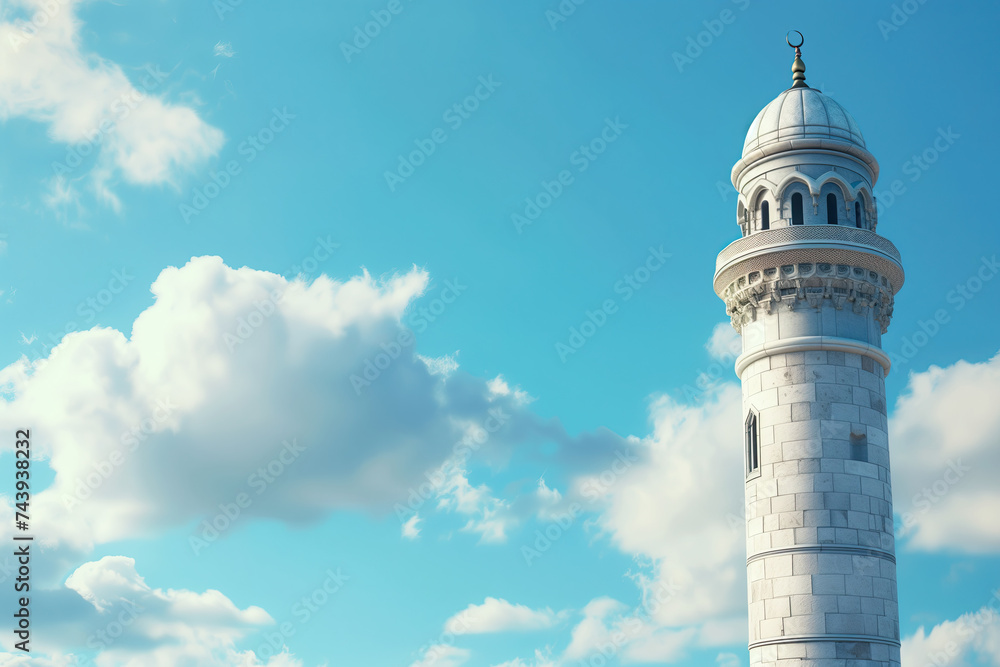 close up of islamic tower mosque with blue sky in background. ramadan kareem banner background. ramadan kareem holiday celebration concept