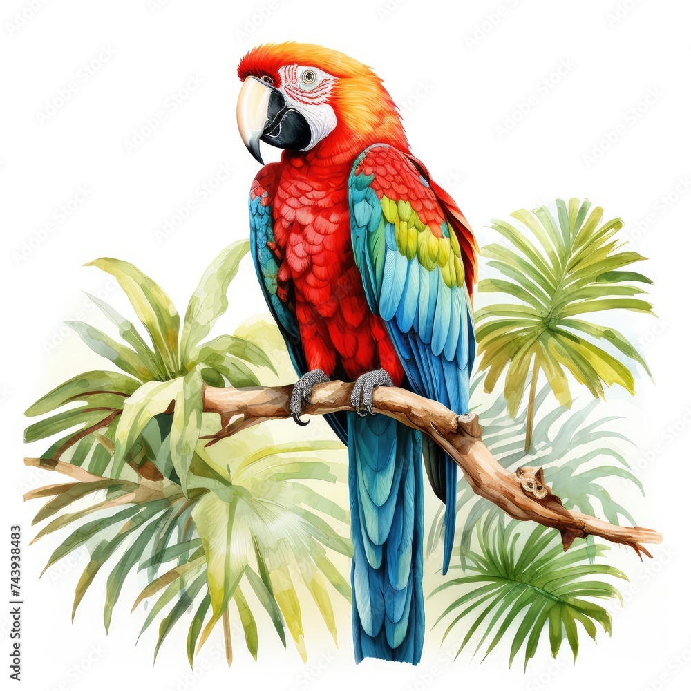 multi colored macaw perching on branch in tropical forest on white background