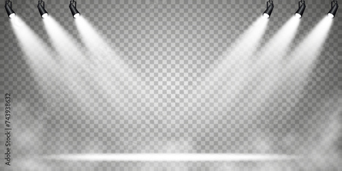 Stage with directional light on transparent background, white light, empty stage and studio room with floating smoke. For product demonstrations.