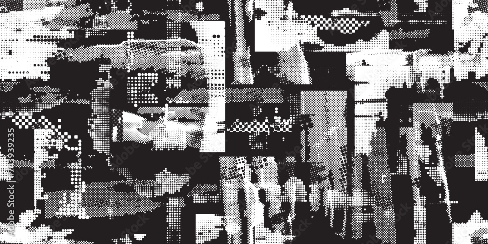 Glitch distorted grungy abstract forms . Halftone dots seamless pattern texture. Grange shapes .Grunge textured . Vector shapes with half tone dots .Screen print endless pattern texture Glitch distorted grungy abstract forms . Halftone dots seamless pattern texture. Grange shapes .Grunge textured . Vector shapes with half tone dots .Screen print endless pattern texture
