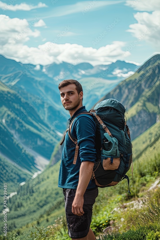 Handsome young man with backpack hiking in the mountains. A journey of self-discovery amidst breathtaking landscapes.