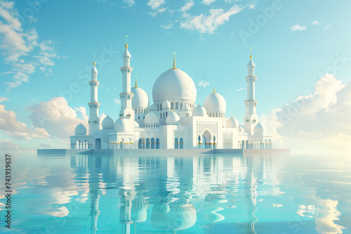 islamic white mosque that is reflected in the water. ramadan kareem holiday celebration concept