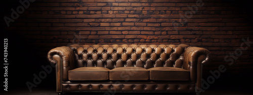Chesterfield sofa in tufted brown leather against brick wall photo