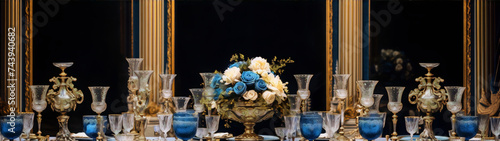 Luxury blue and gold table setting with crystal glasses and flower centerpiece