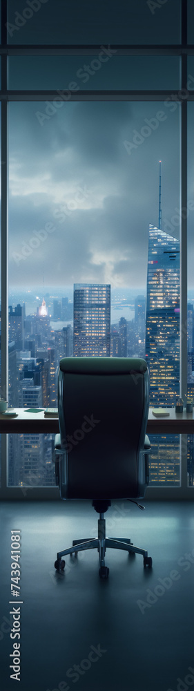 Fototapeta premium Cityscape office interior with a view of the night city from the window in blue and gray colors.
