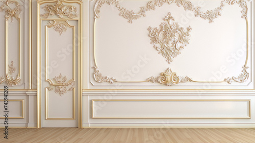 3D rendering of a classic interior with white walls, golden elements, and wooden floor.