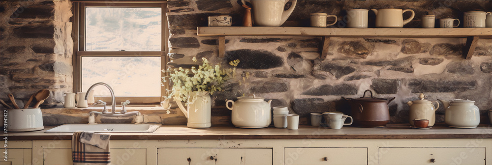 A rustic kitchen with a stone wall, wooden shelves, and a variety of pottery and kitchenware in neutral colors. A rustic kitchen with a stone wall, wooden shelves, and a variety of pottery and kitchenware in neutral colors.