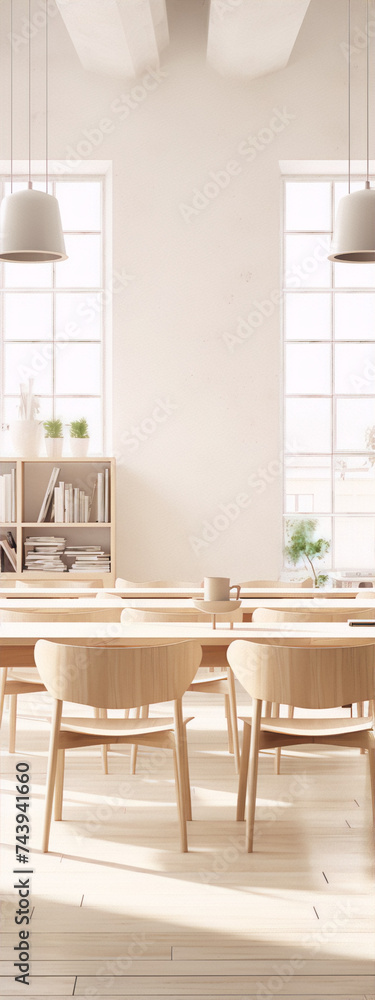 3D rendering of a bright and airy dining room with a large wooden table and chairs, a bookshelf, and two windows. 3D rendering of a bright and airy dining room with a large wooden table and chairs, a bookshelf, and two windows.